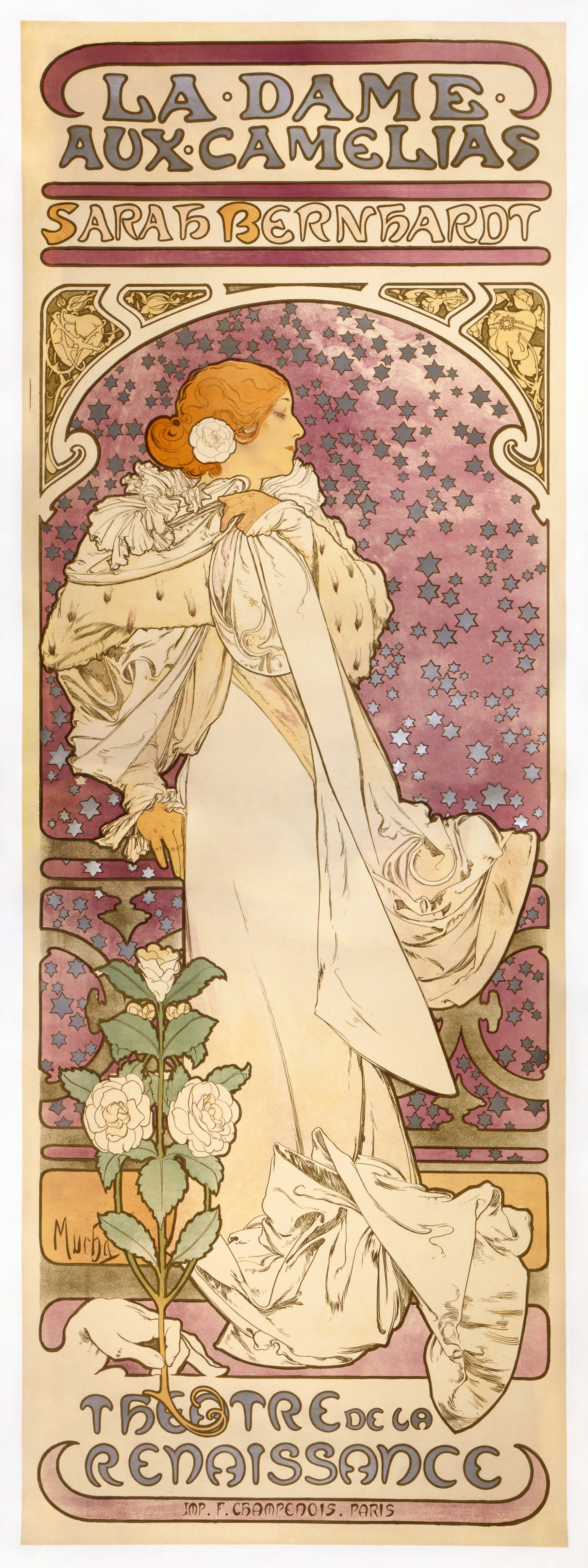 ミュシャ「ラ・ダム・オ・カメリア(椿姫)」(1896年)——サラ・ベルナール主演舞台のためにミュシャが制作したポスター