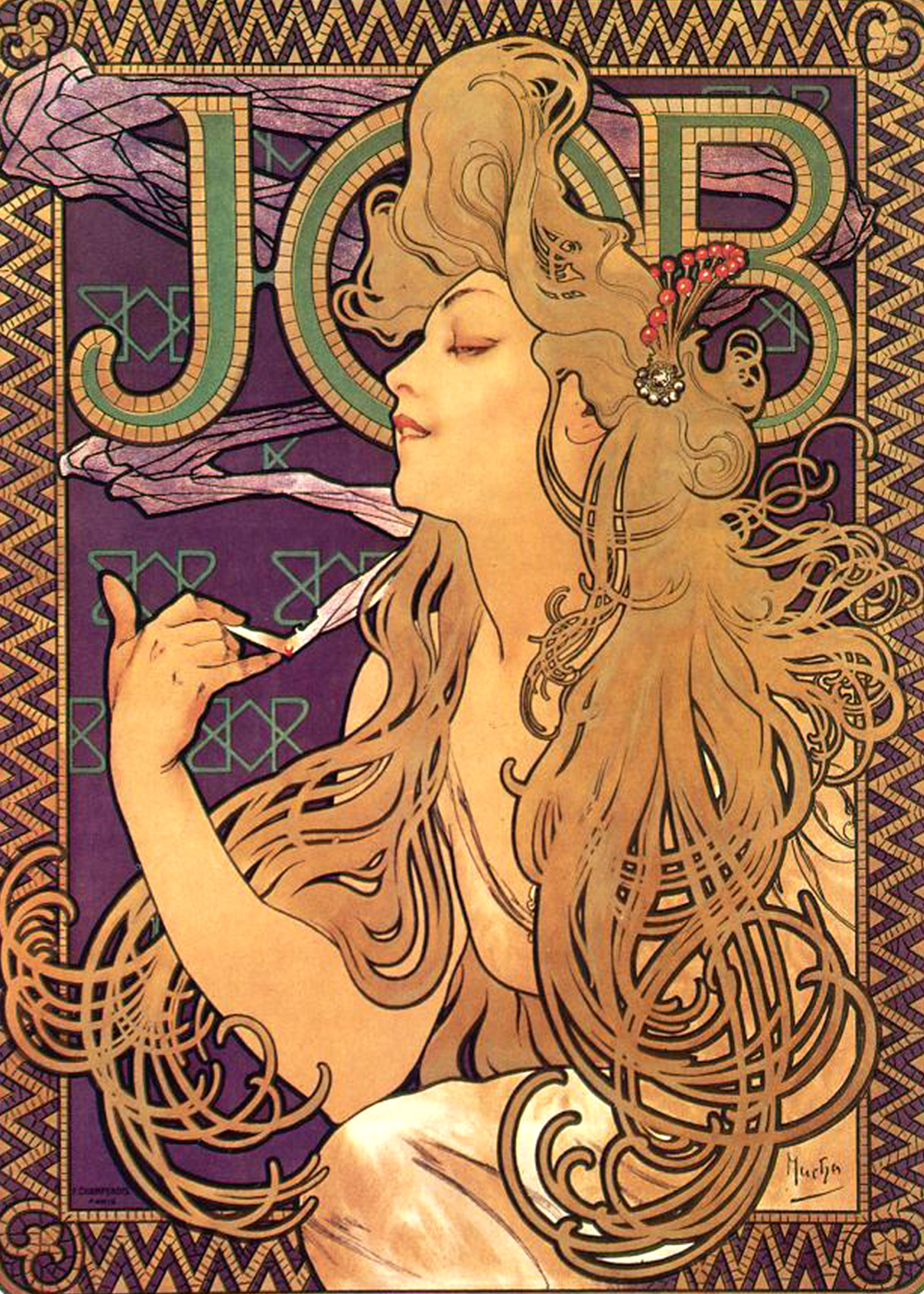 ミュシャ「ジョブ(Job)」(1896年)——長い黒髪と流麗な曲線がミュシャ様式の典型を示す代表的ポスター