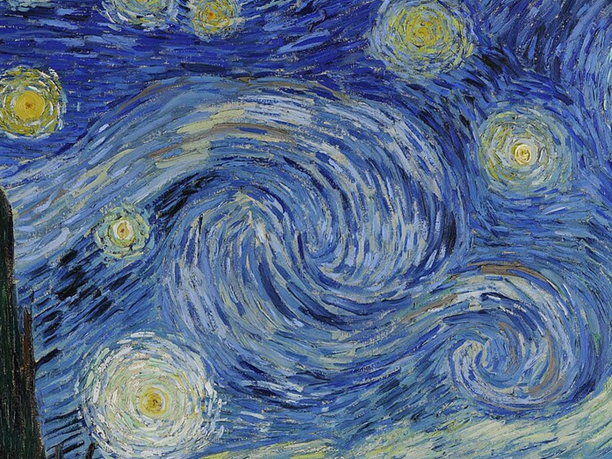 ゴッホ「星月夜」の渦巻く筆致と厚塗りのディテール（1889年）