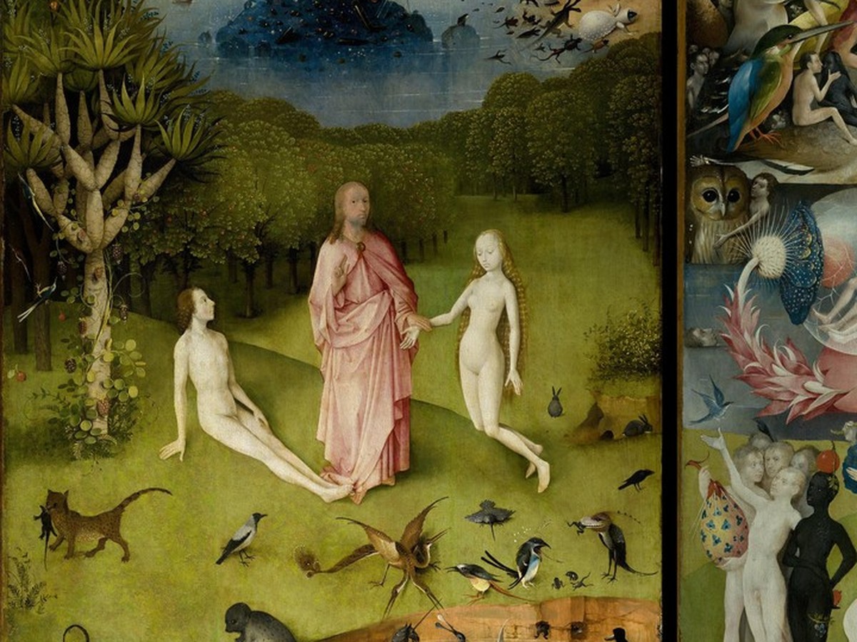 ヒエロニムス・ボス「快楽の園」(1490〜1510年頃)マドリード・プラド美術館所蔵——アダム、イヴ、神の創造の場面
