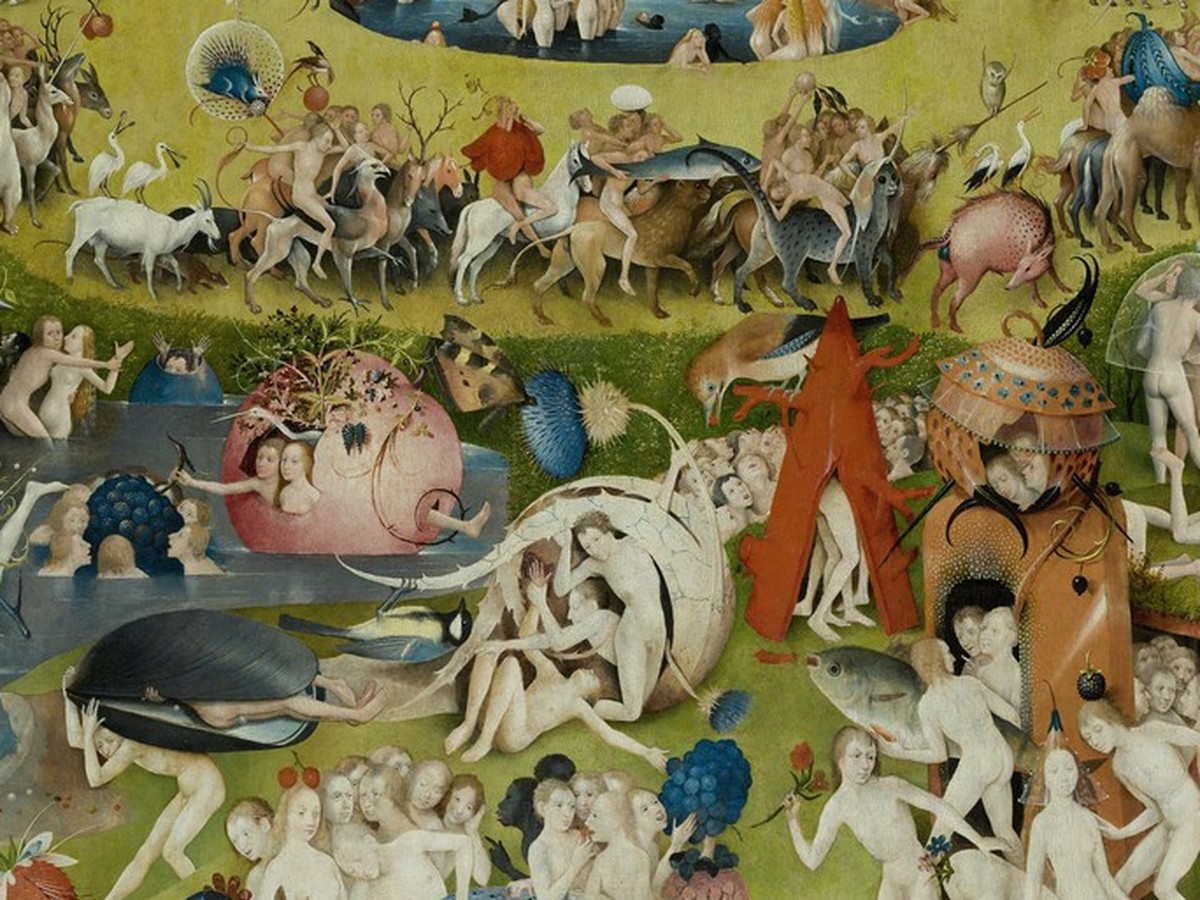 ヒエロニムス・ボス「快楽の園」(1490〜1510年頃)マドリード・プラド美術館所蔵——裸体の人物と巨大な果物