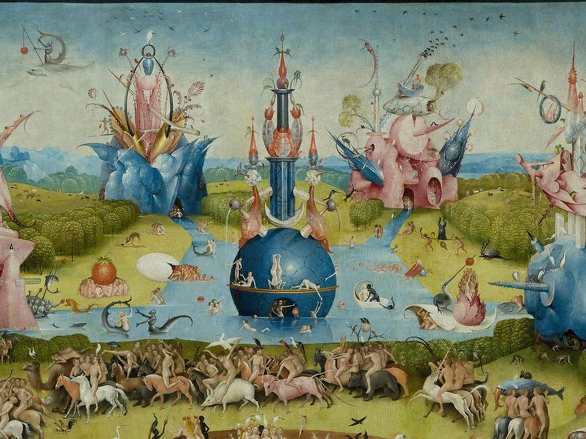 ヒエロニムス・ボス「快楽の園」(1490〜1510年頃)マドリード・プラド美術館所蔵——幻想的な建造物と青い球体