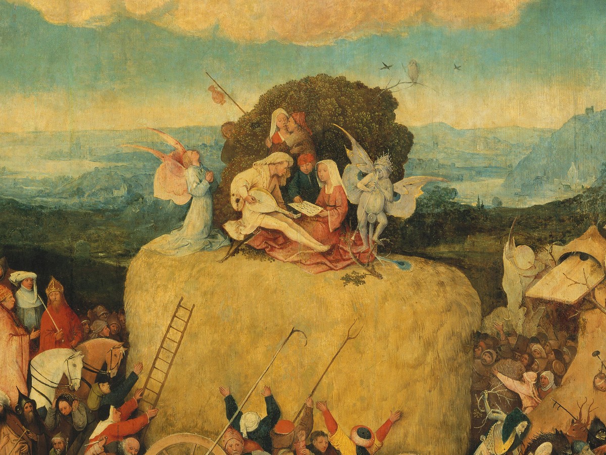 ヒエロニムス・ボス「干し草の車」（1516年頃）中央パネル詳細——干し草の山とそれを奪い合う人々