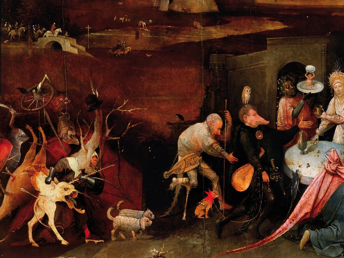 ヒエロニムス・ボス「聖アントニウスの誘惑」（1501年頃）中央パネル——怪物の行列と奥の暗いアーチ