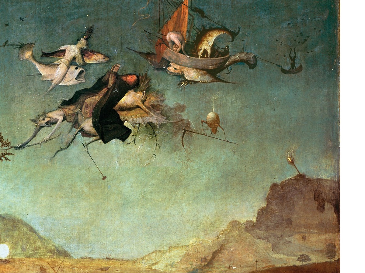 ヒエロニムス・ボス「聖アントニウスの誘惑」（1501年頃）左翼パネル——空中を飛ぶ聖アントニウス