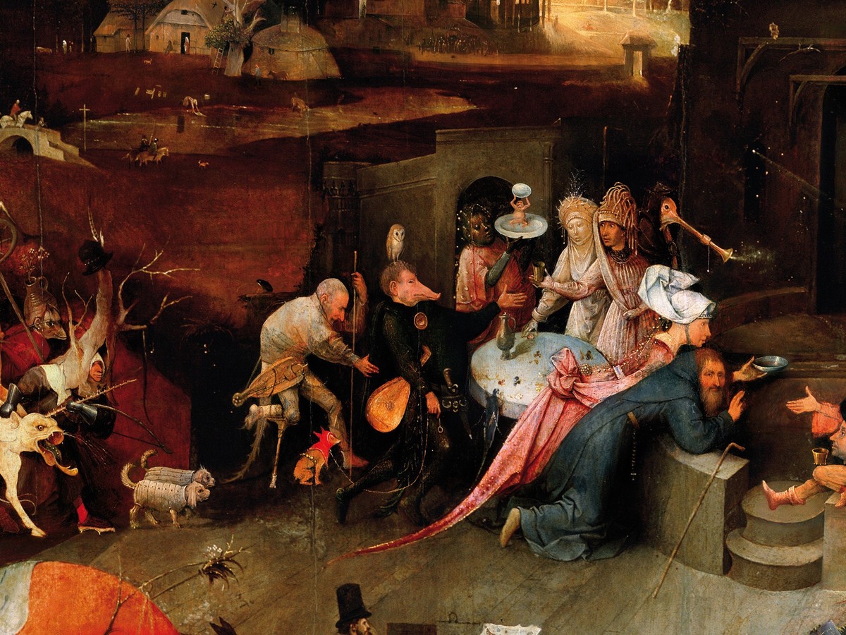 ヒエロニムス・ボス「聖アントニウスの誘惑」（1501年頃）中央パネル——悪魔に囲まれた聖アントニウスの詳細
