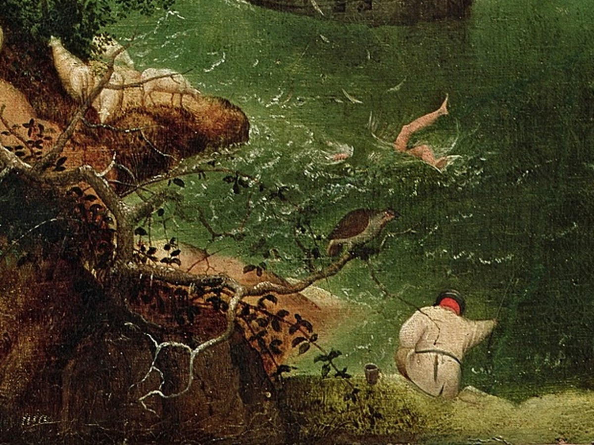 ピーテル・ブリューゲル(父)「イカロスの墜落」(1558年頃)水面に沈むイカロスの足と羽根