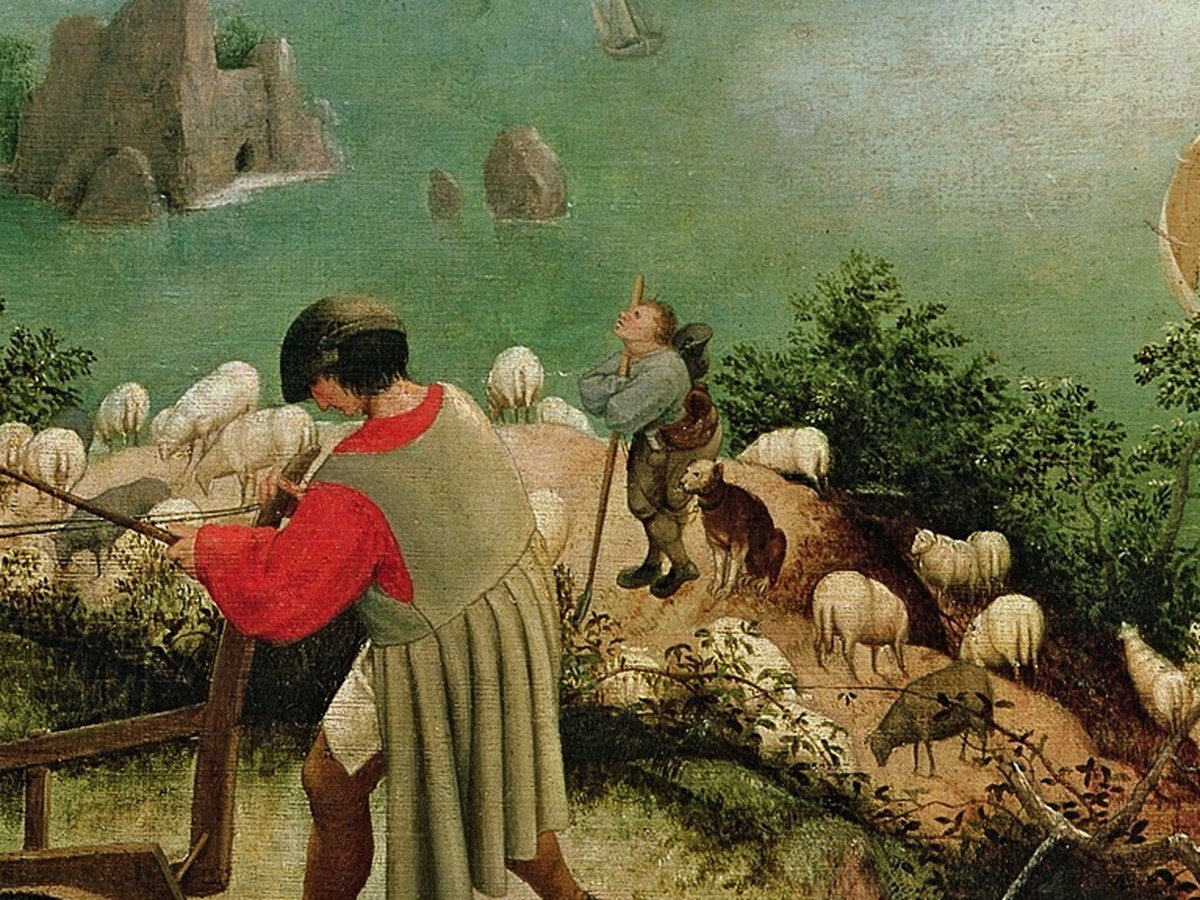 ピーテル・ブリューゲル(父)「イカロスの墜落」(1558年頃)羊飼い——空を見上げる人物と羊の群れ