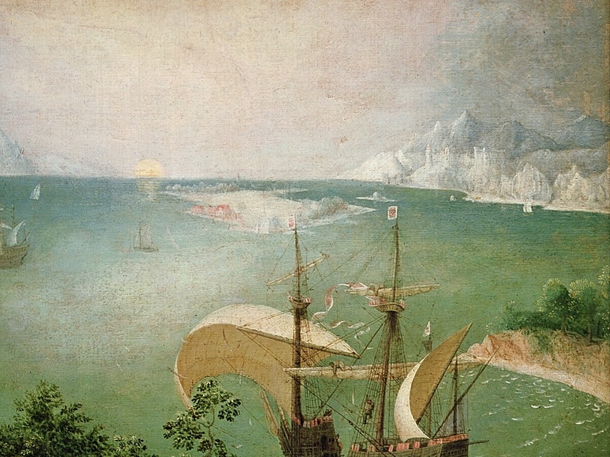 ピーテル・ブリューゲル(父)「イカロスの墜落」(1558年頃)遠景に悠然と進む大型帆船と海