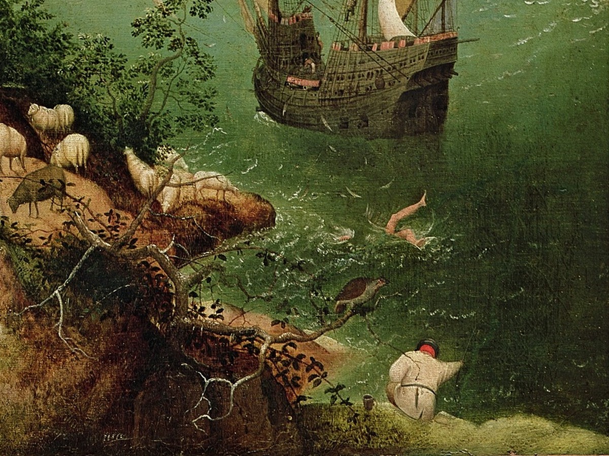ピーテル・ブリューゲル(父)「イカロスの墜落」(1558年頃)右下詳細——水面に沈むイカロスの足