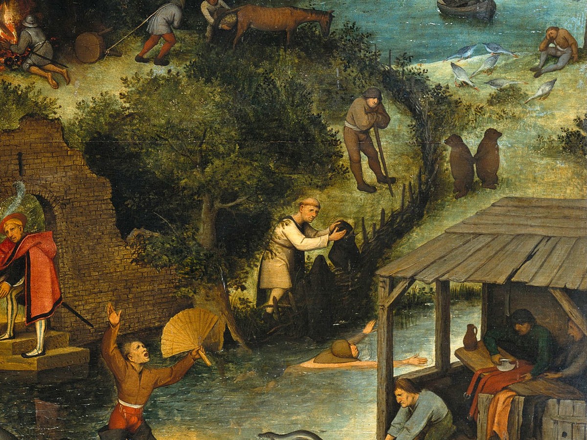 ピーテル・ブリューゲル(父)「ネーデルラントの諺」(1559年)大きな魚が小さな魚を飲み込む水辺の場面