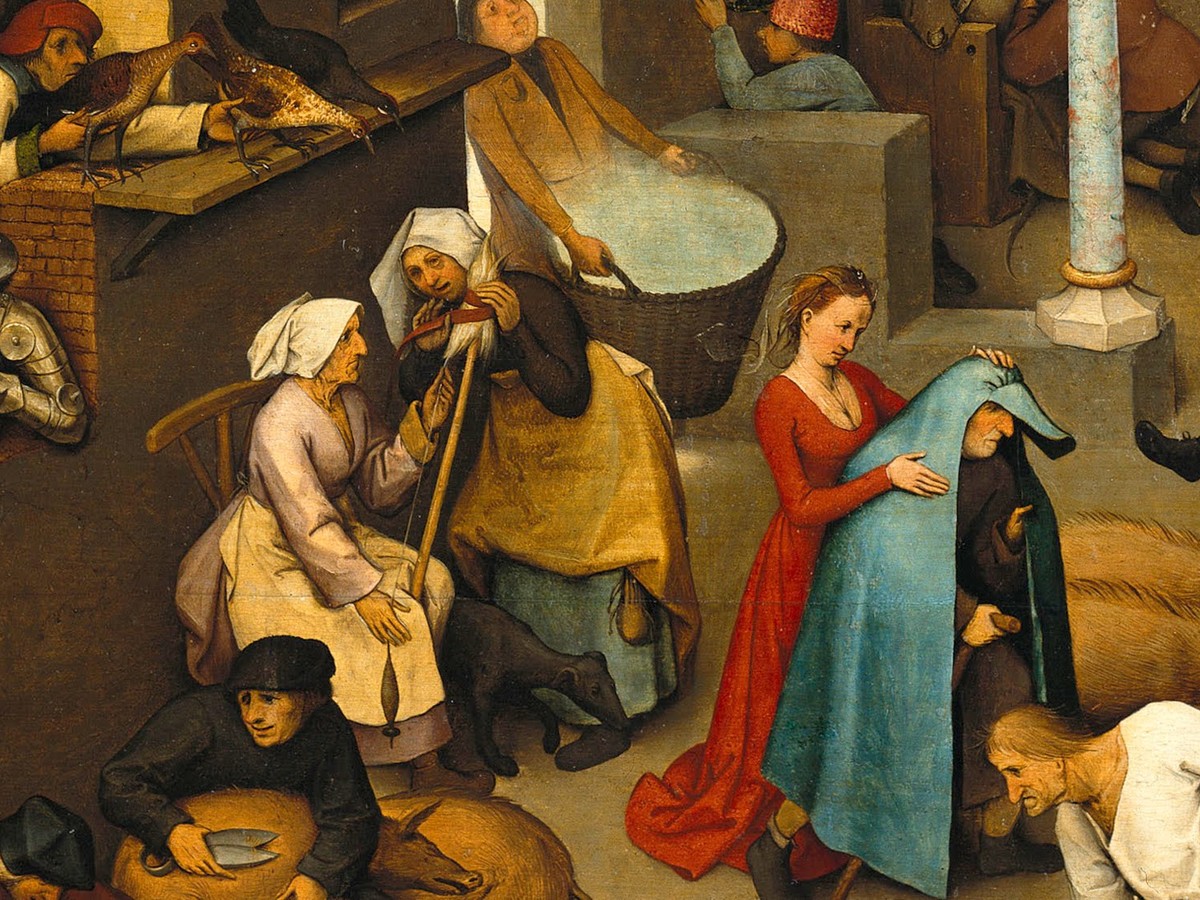 ピーテル・ブリューゲル(父)「ネーデルラントの諺」(1559年)青いマントの場面——妻が夫の肩にマントをかける