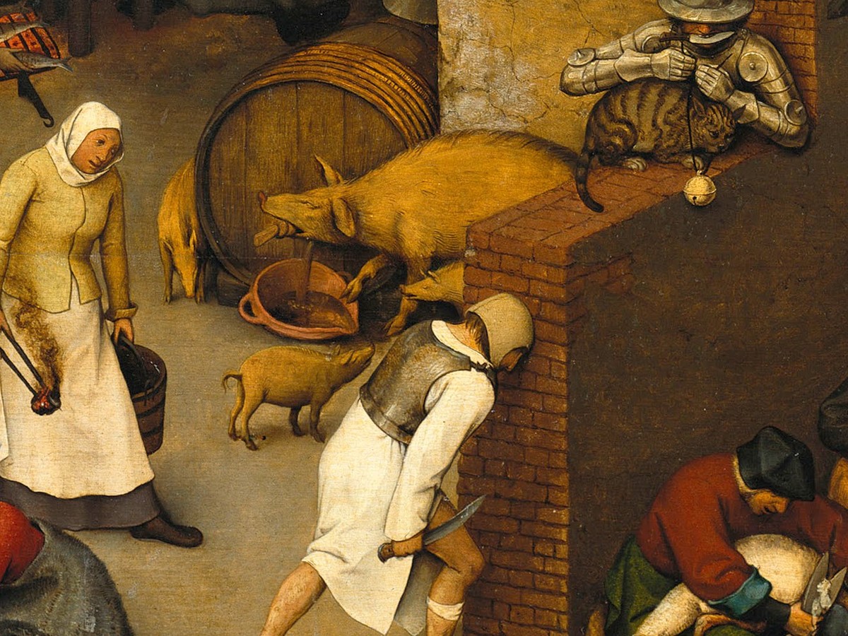 ピーテル・ブリューゲル(父)「ネーデルラントの諺」(1559年)豚の前に真珠をまく人物