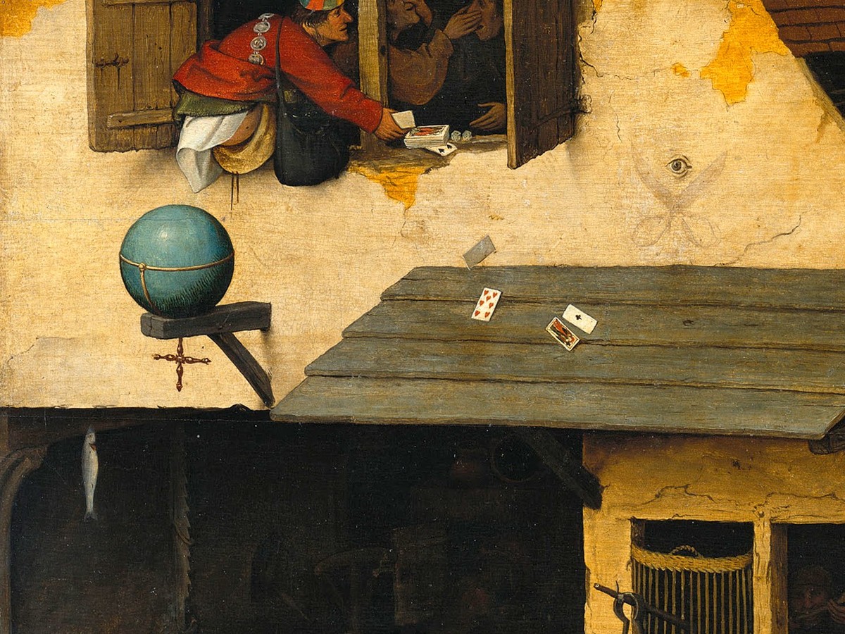 ピーテル・ブリューゲル(父)「ネーデルラントの諺」(1559年)逆さまの地球儀——十字架が地面を指す