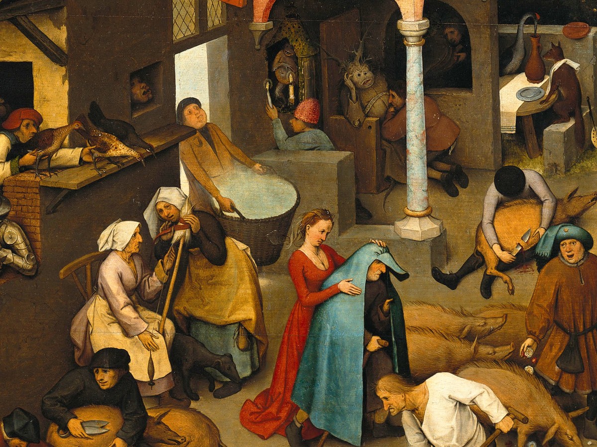 ピーテル・ブリューゲル(父)「ネーデルラントの諺」(1559年)中央部詳細——村の広場に入り乱れる諺の登場人物たち