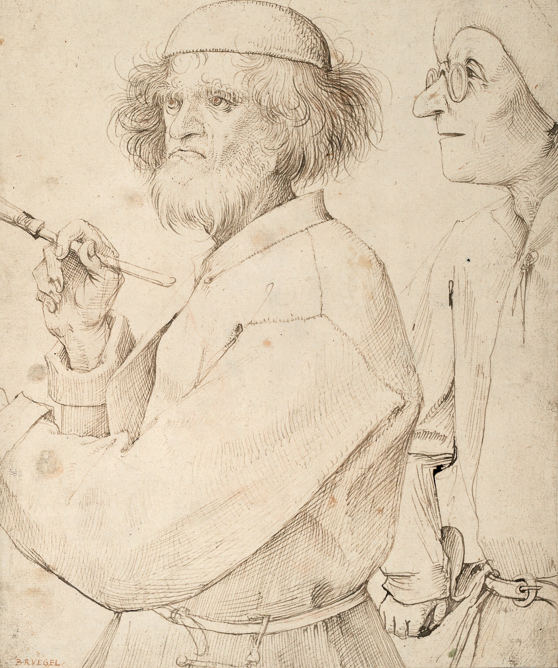 ピーテル・ブリューゲル(父)「画家と買い主」(1566年頃)ウィーン・アルベルティーナ美術館所蔵——ブリューゲルの自画像とされる素描