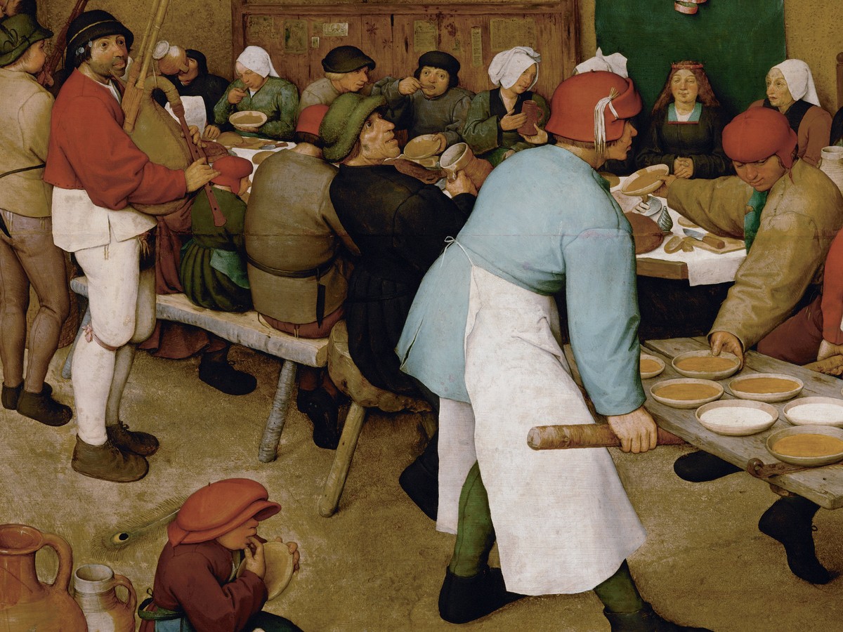 ピーテル・ブリューゲル(父)「農民の婚宴」(1568年頃)食器運搬のディテール——扉板を即席トレーに使う男たち