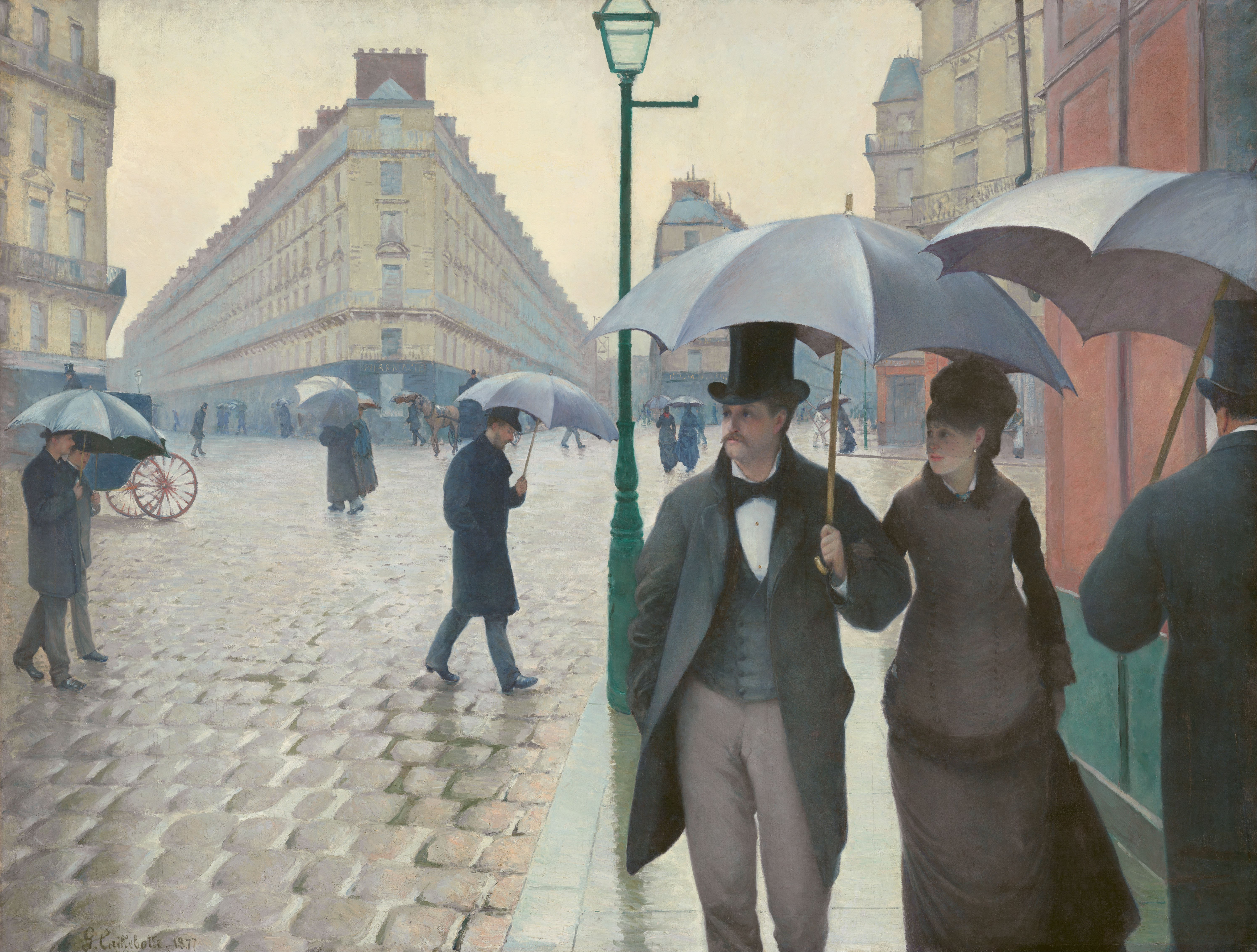 ギュスターヴ・カイユボット「パリの街路、雨の日」（1877年）シカゴ美術館所蔵