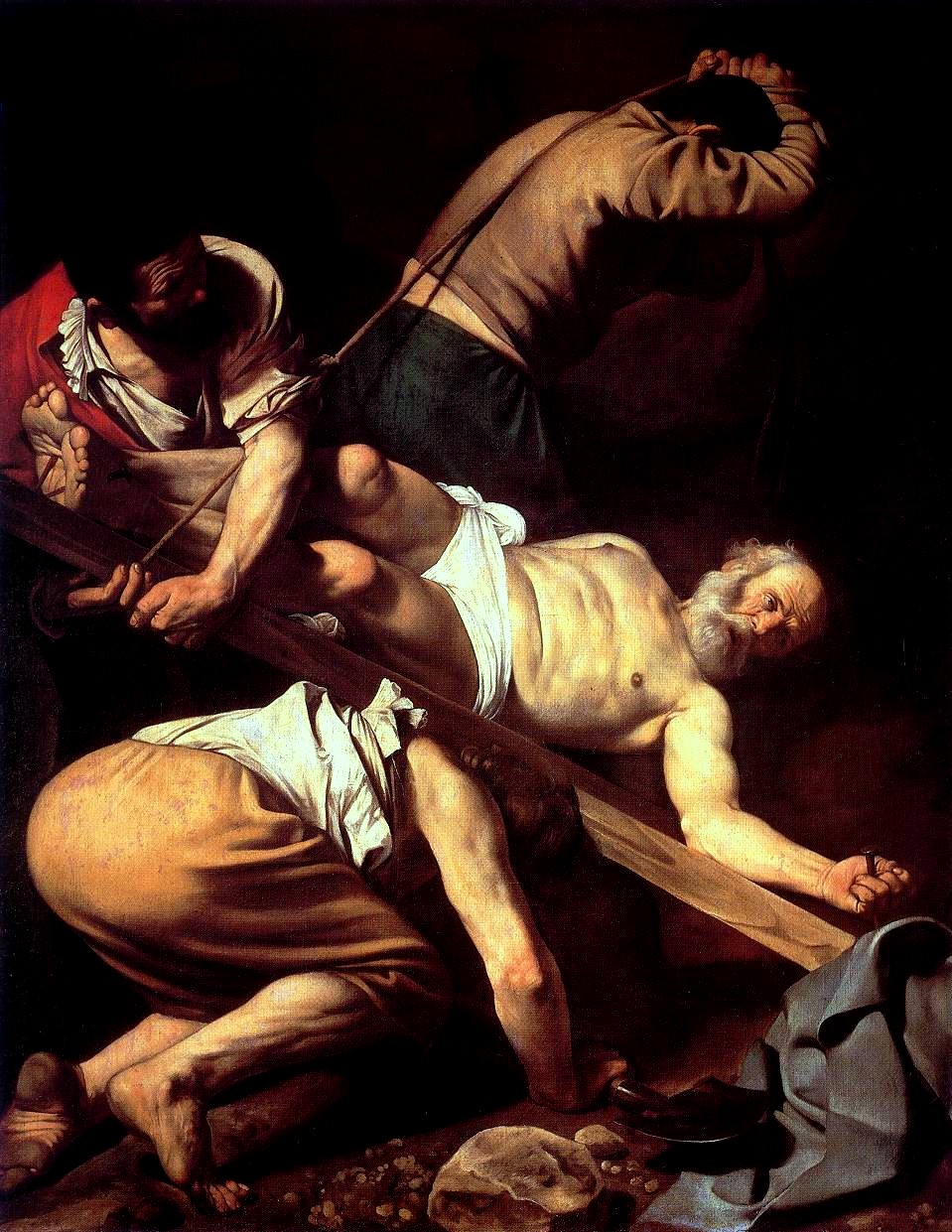 カラヴァッジョ「聖ペテロの磔刑」（1600〜01年）ローマ・サンタ・マリア・デル・ポポロ教会チェラーシ礼拝堂所蔵