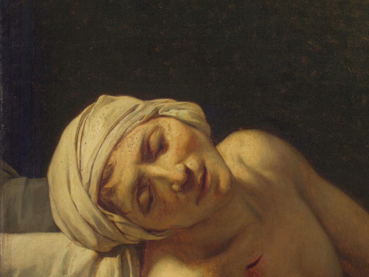 ダヴィッド「マラーの死」(1793年)マラーの顔のディテール——白い頭巾と閉じた目