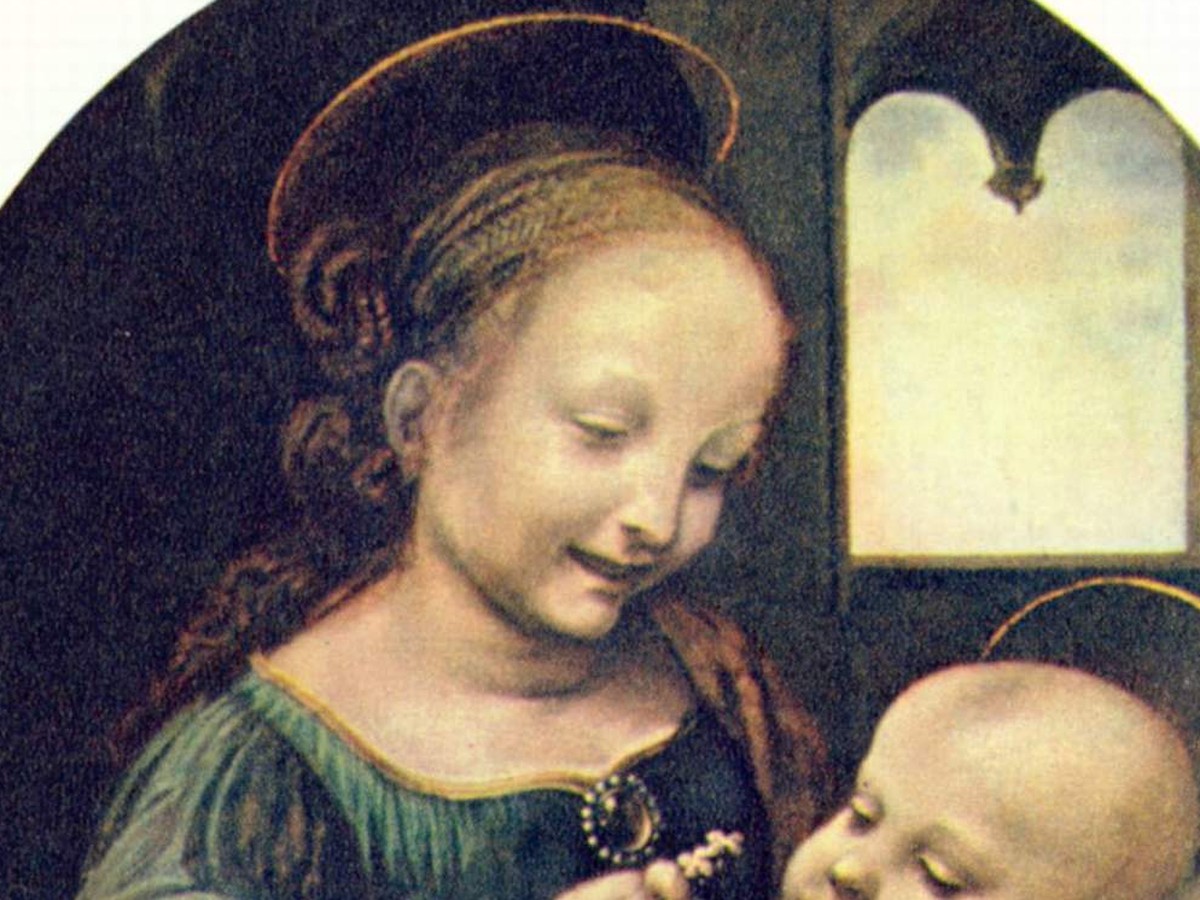 レオナルド・ダ・ヴィンチ「ブノワの聖母」(1478〜80年頃)幼児キリストと十字花のディテール