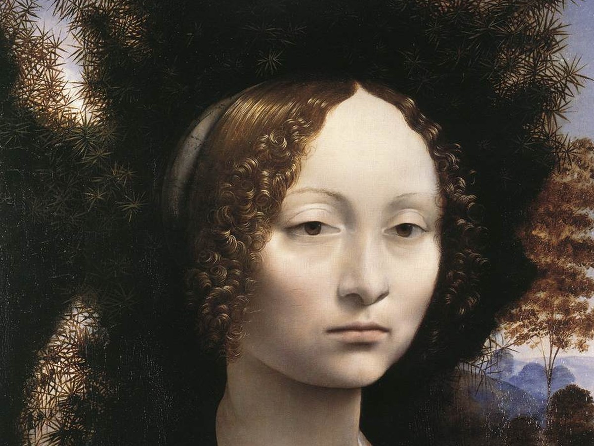 レオナルド・ダ・ヴィンチ「ジネヴラ・デ・ベンチ」(1474〜1478年頃)ナショナル・ギャラリー所蔵——顔と上半身のディテール