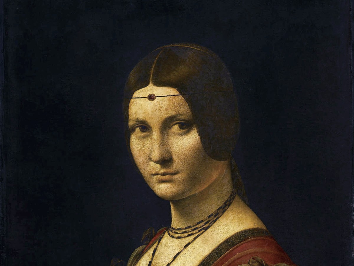 レオナルド・ダ・ヴィンチ「ラ・ベル・フェロニエール」(1490〜1497年頃)ルーヴル美術館所蔵——顔と額のフェロニエールのディテール