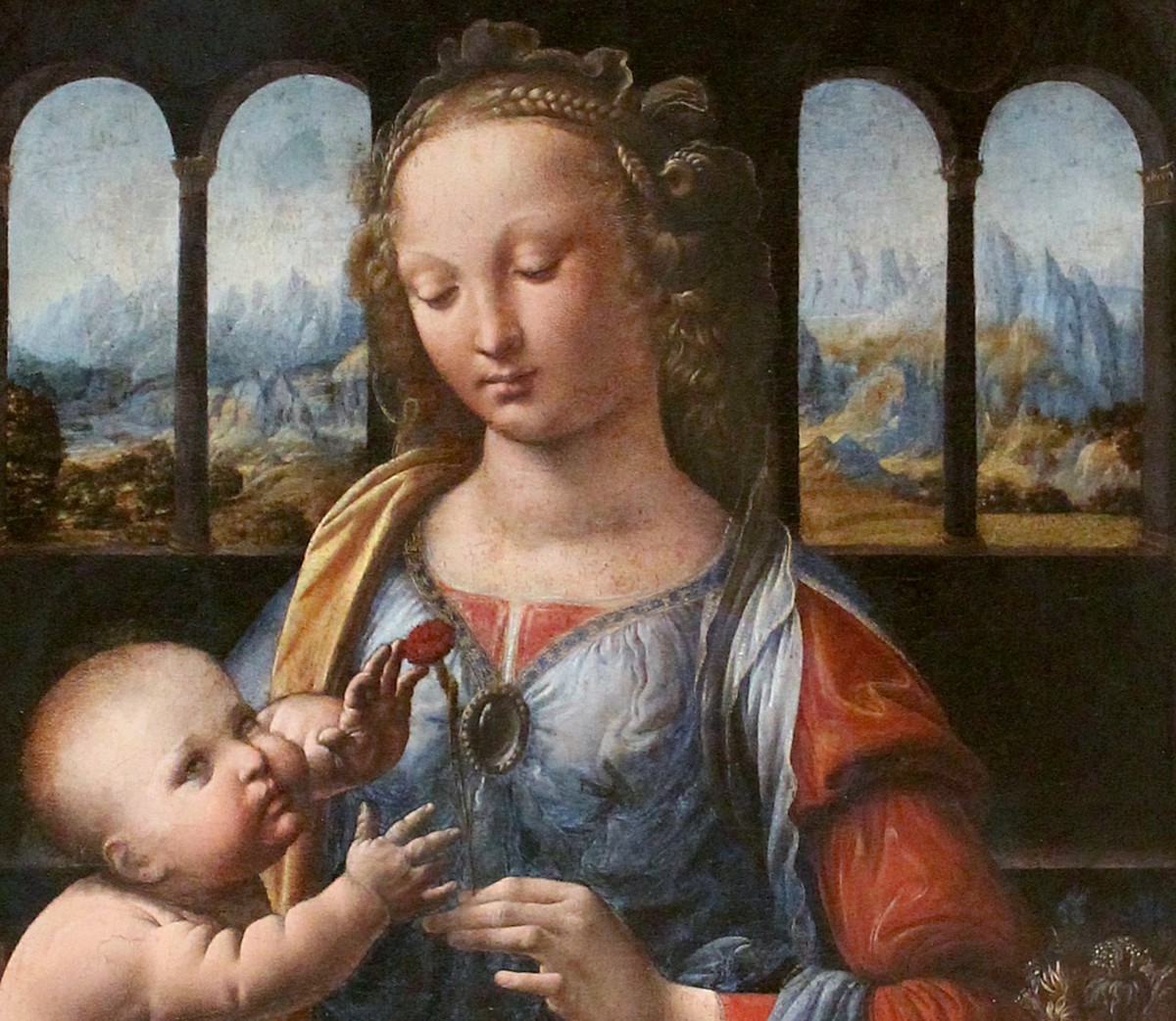 レオナルド・ダ・ヴィンチ「カーネーションの聖母」（1472〜78年頃）聖母と幼子のディテール