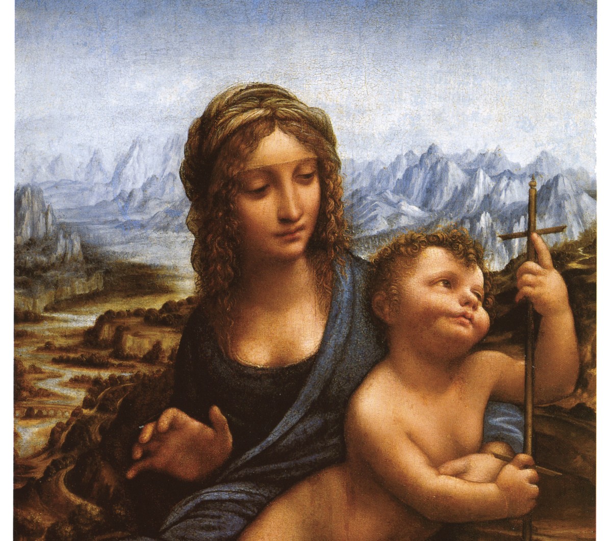 レオナルド・ダ・ヴィンチ工房「糸巻きの聖母」(1501年頃)聖母と幼子のディテール——十字形の糸巻きに手を伸ばす幼子キリスト