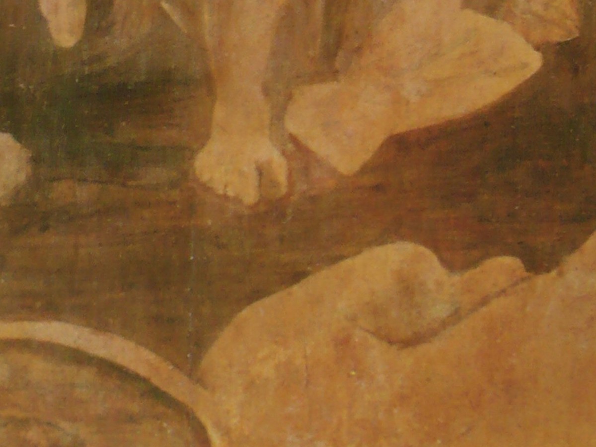 レオナルド・ダ・ヴィンチ「荒野の聖ヒエロニムス」(1480年頃)足元に伏せるライオンのディテール