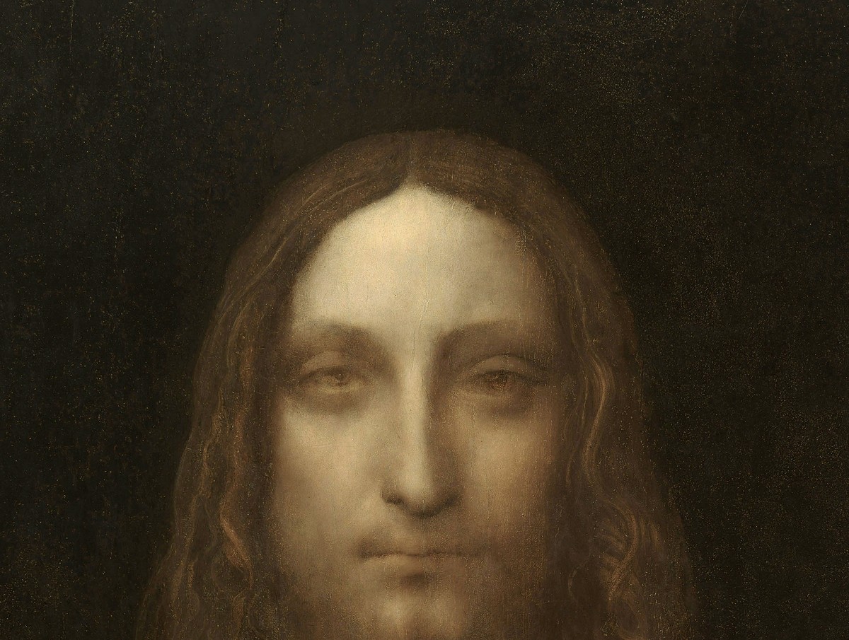 レオナルド・ダ・ヴィンチ「サルバトール・ムンディ」（1500年頃）顔部分のディテール——スフマート技法による神秘的な表情