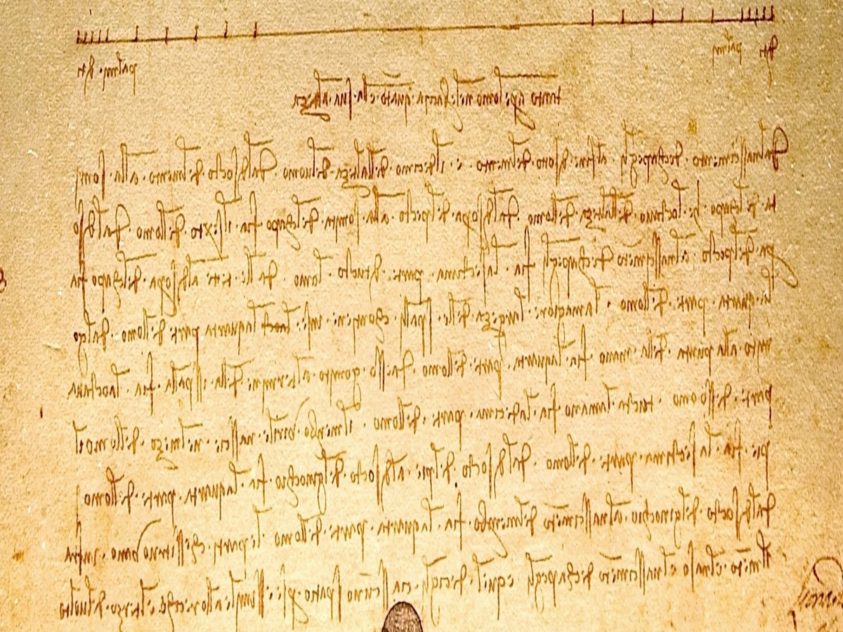 レオナルド・ダ・ヴィンチ「ウィトルウィウス的人体図」鏡文字注釈のディテール