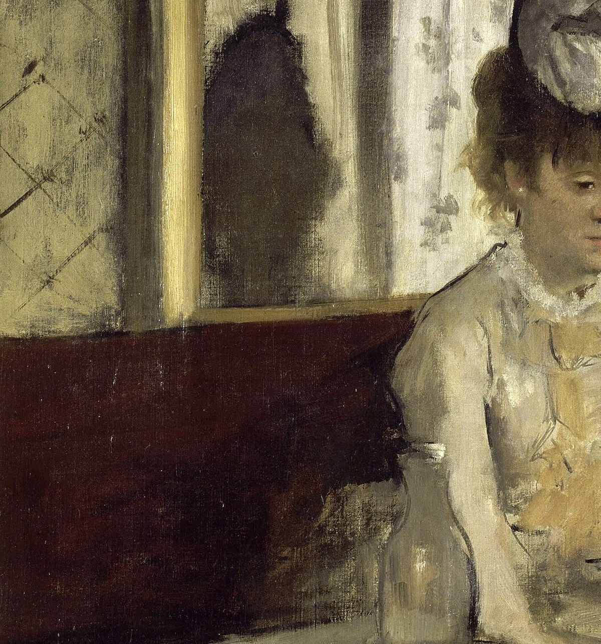 ドガ「アブサン」（1875-1876年）女性の表情とアブサングラスのディテール——オルセー美術館所蔵