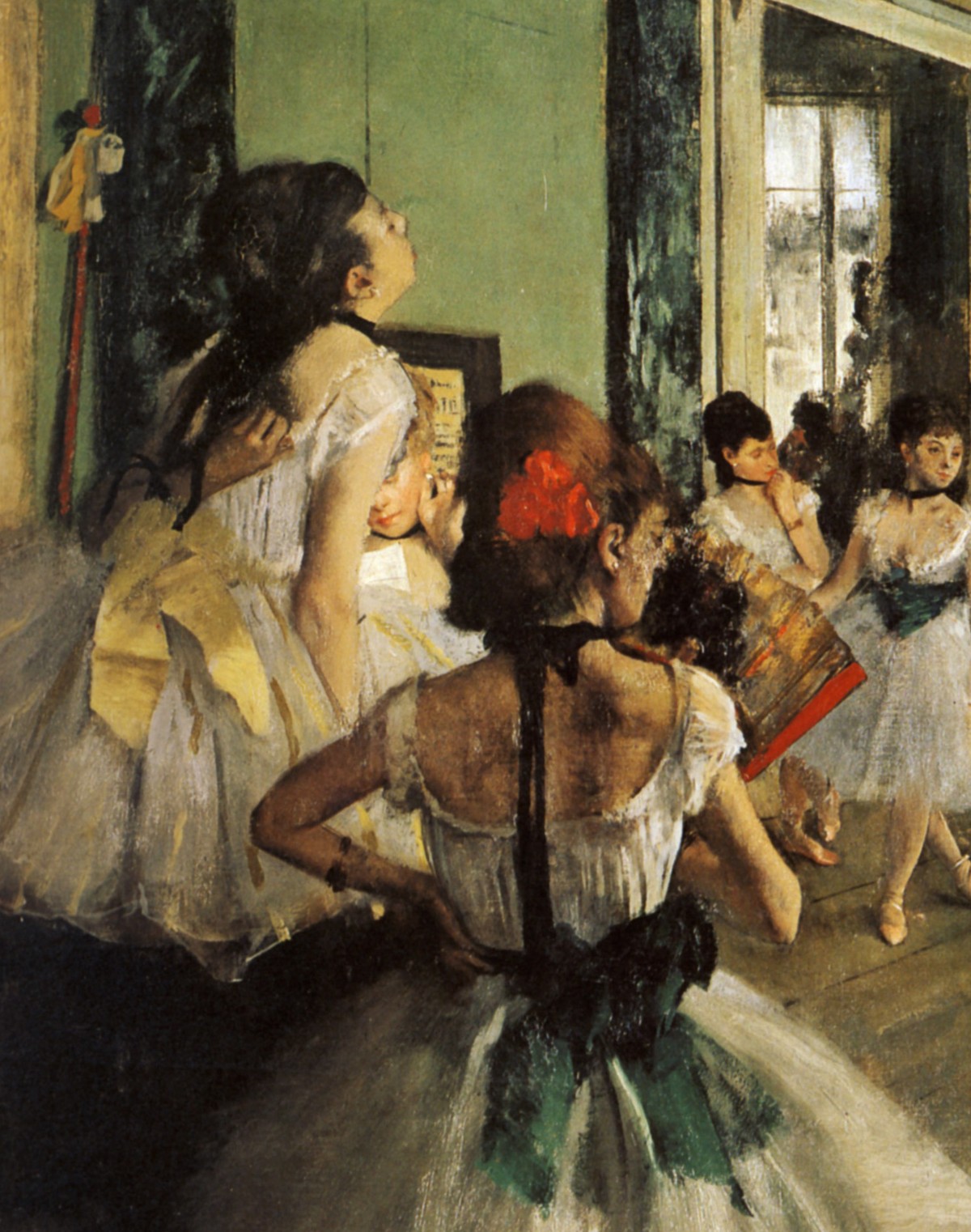 エドガー・ドガ「バレエの授業」（1874年）左前景の踊り子たちのディテール——オルセー美術館所蔵