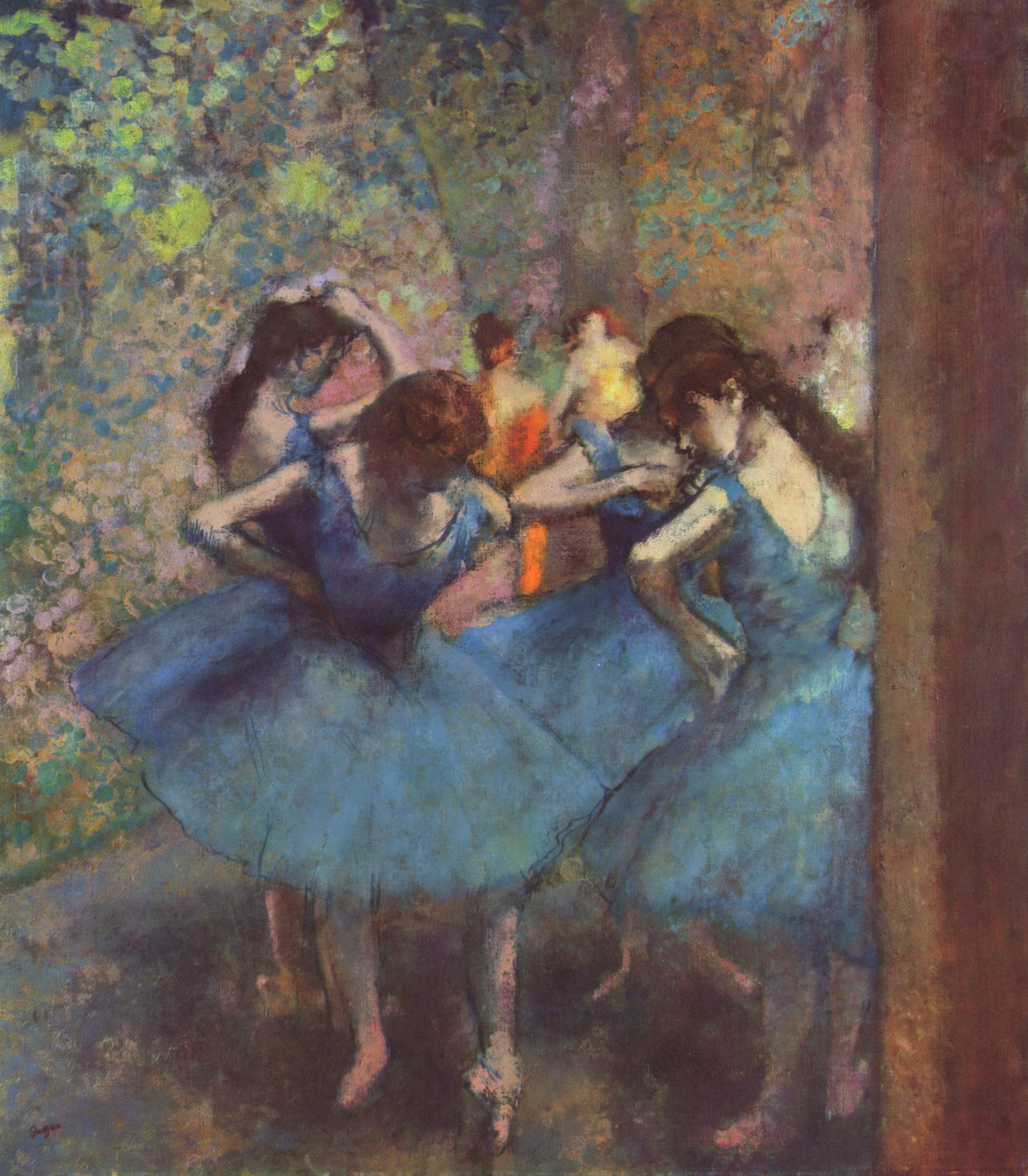 ドガ「青い踊り子たち」(1897年頃)オルセー美術館所蔵。晩年まで踊り子を描き続けたドガの集大成的作品