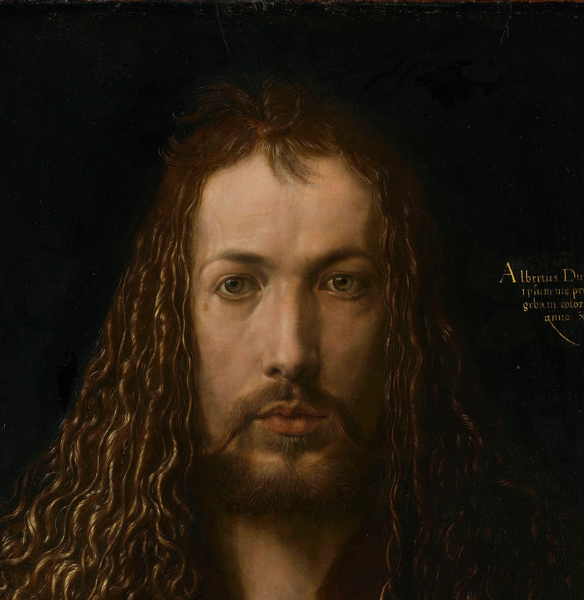 アルブレヒト・デューラー「自画像(1500年)」(1500年)アルテ・ピナコテーク所蔵——顔と眼差しのディテール