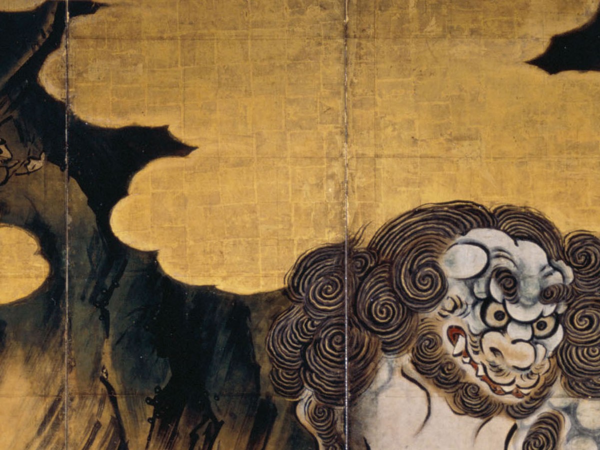 狩野永徳「唐獅子図屏風」（16世紀）左側の唐獅子——荒々しい顔と渦巻く黒いたてがみ