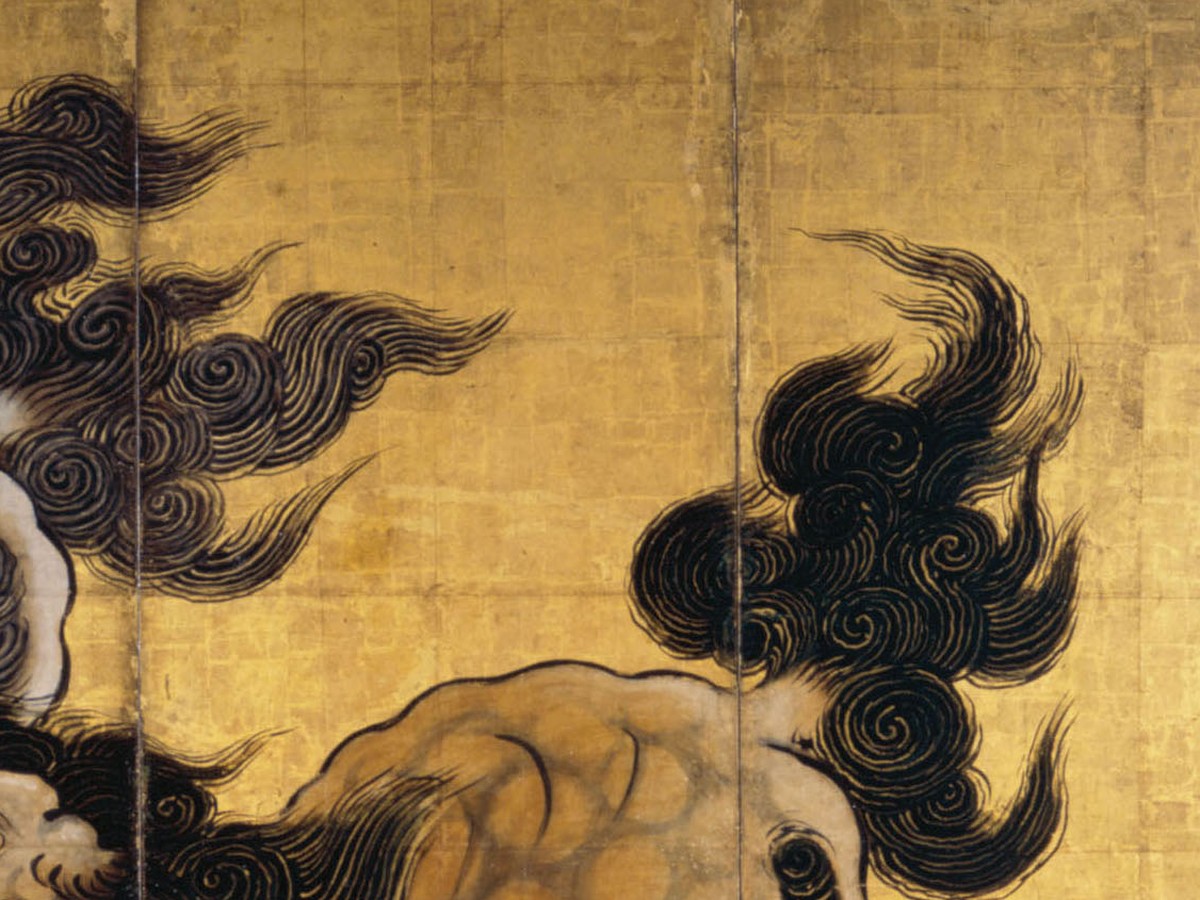 狩野永徳「唐獅子図屏風」（16世紀）たてがみと尾の渦巻き文様——黒い曲線が金地を動かす