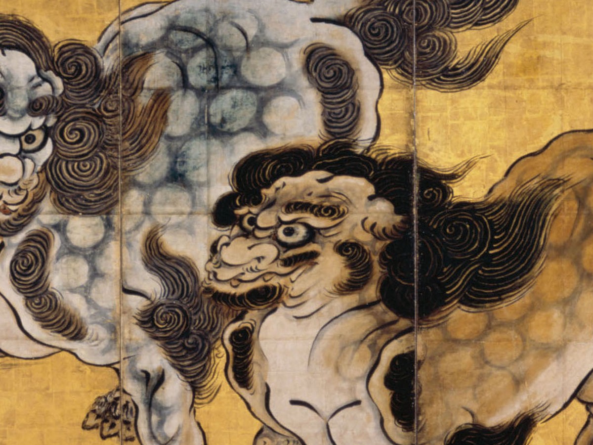 狩野永徳「唐獅子図屏風」（16世紀）右側の唐獅子——振り返る動きとたてがみの流れ