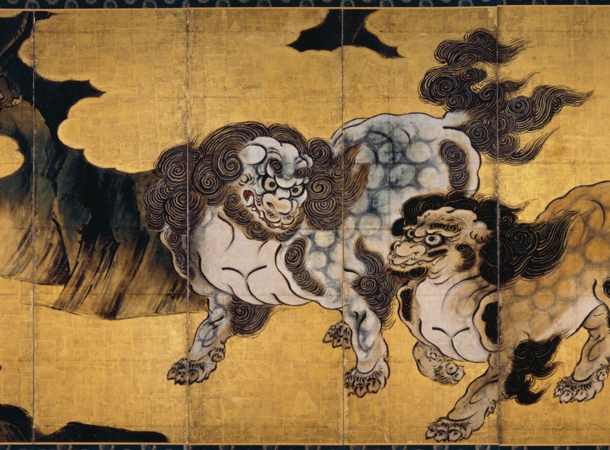 狩野永徳「唐獅子図屏風」（16世紀）中央部——2頭の唐獅子が向かい合う場面