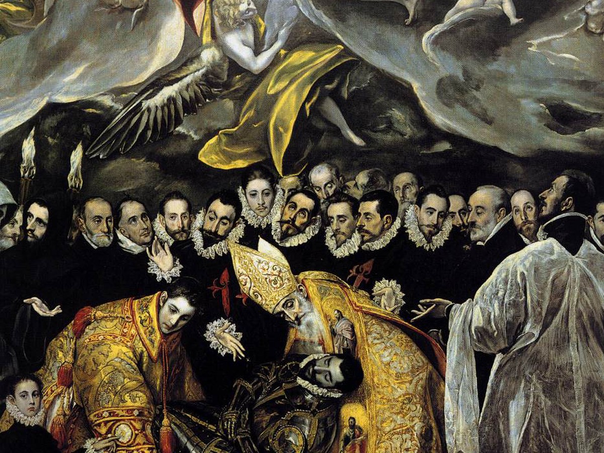 エル・グレコ「オルガス伯の埋葬」(1586〜1588年)——二聖人が遺体を納める中央部のディテール
