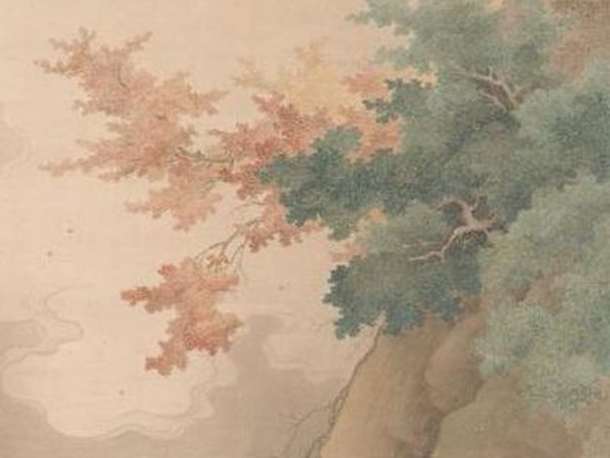 橋本雅邦「白雲紅樹」（1890年）紅葉と松が交差するディテール——岩絵具の紅と緑が鮮やかに共鳴する