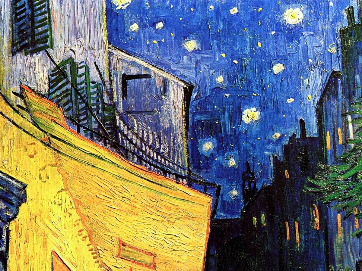 ゴッホ「アルルの夜のカフェテラス」ディテール——星空と建物