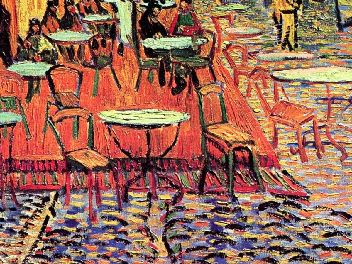 ゴッホ「アルルの夜のカフェテラス」ディテール——奥へ続く石畳の道
