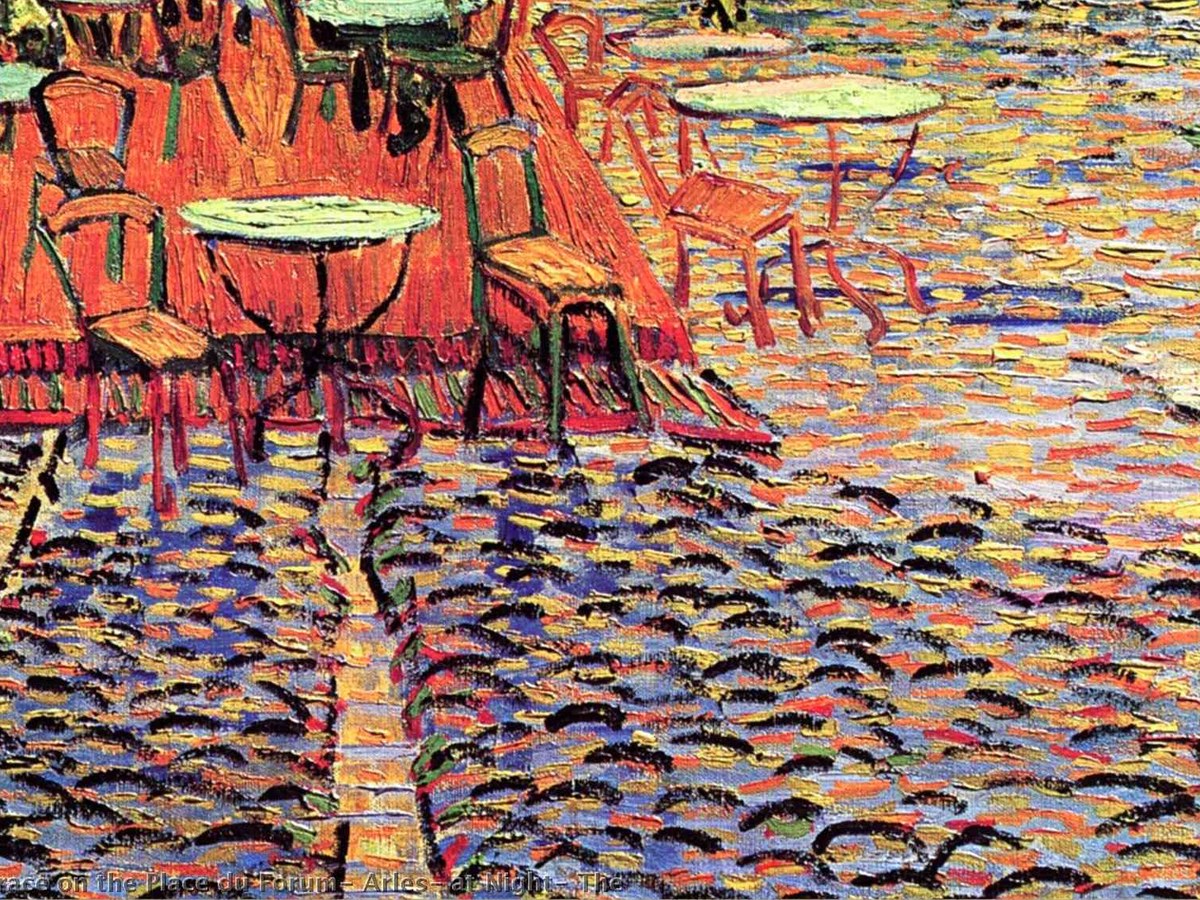 ゴッホ「アルルの夜のカフェテラス」ディテール——黄金色のテラスと人物
