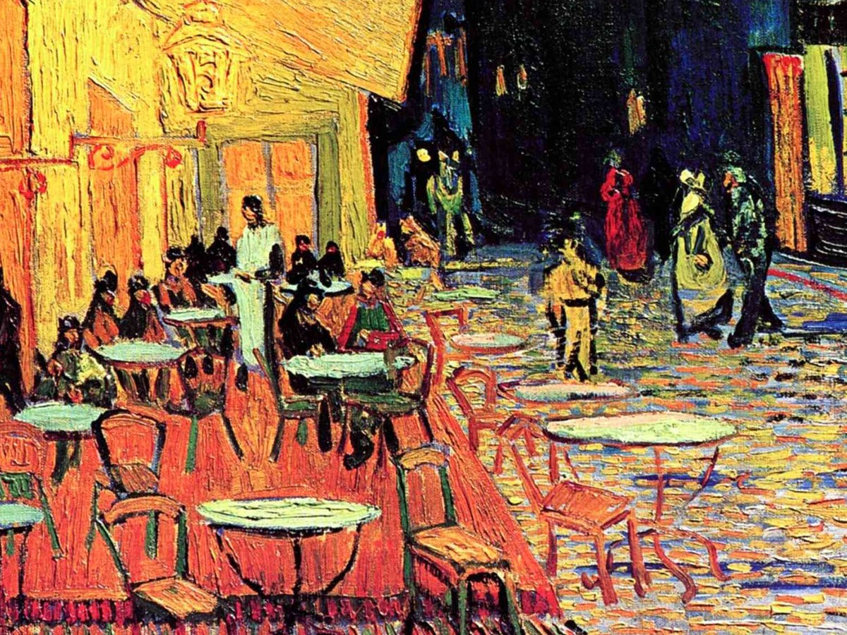 ゴッホ「アルルの夜のカフェテラス」(1888年)ディテール——黄金色に輝くテラスと人々