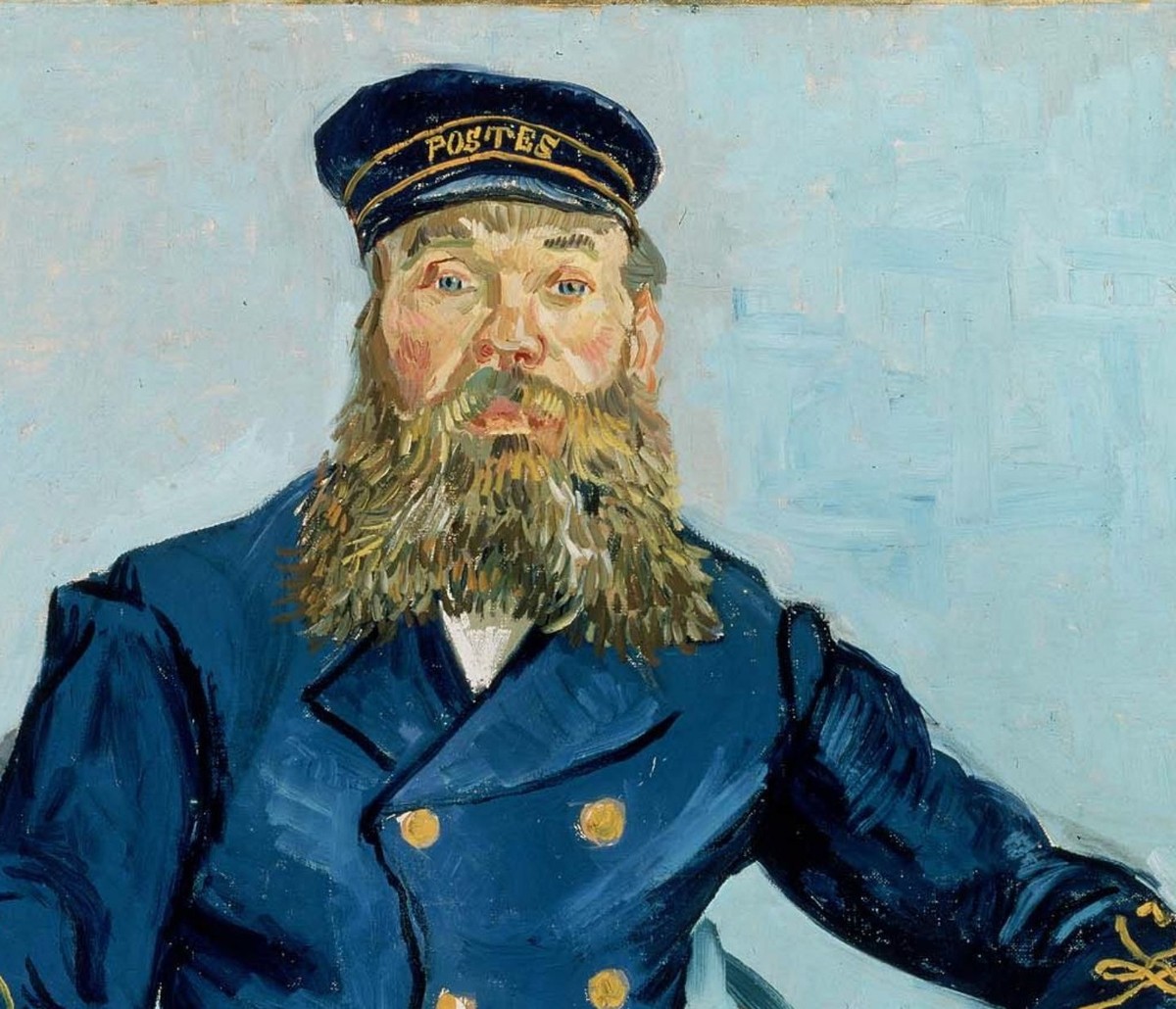 ゴッホ「郵便配達人(ジョゼフ・ルーラン)」(1888年)上半身部分のディテール——POSTES帽と豊かな髭