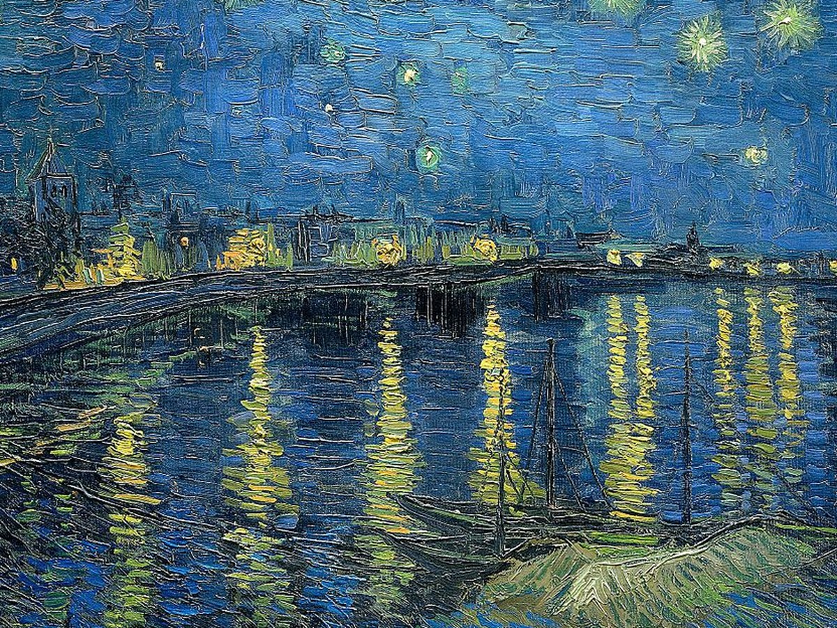 ゴッホ「ローヌ川の星月夜」(1888年)画面奥のアルル市街地のディテール