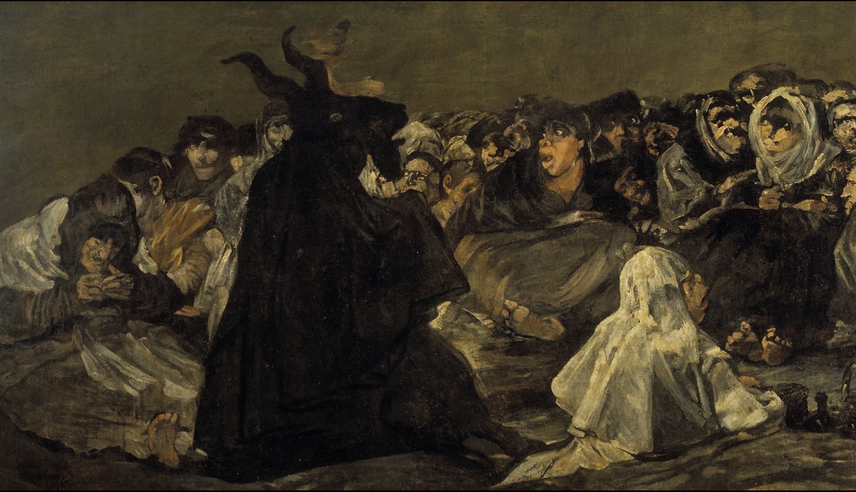 フランシスコ・デ・ゴヤ「魔女の集会」（1820〜1823年頃）中央部拡大——巨大な黒い山羊と魔女たちの群像