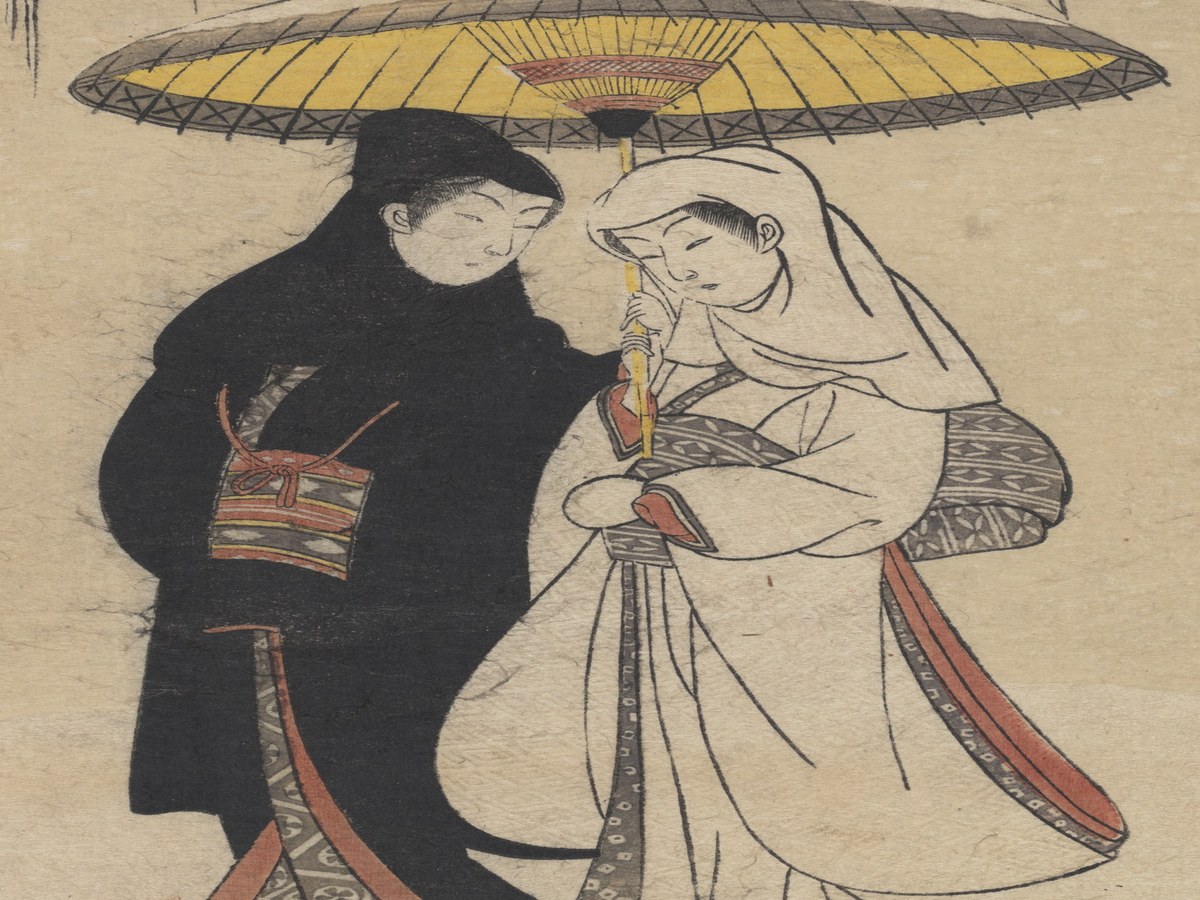 鈴木春信「雪中相合傘」(1767年頃)——傘の下で寄り添う男女のディテール